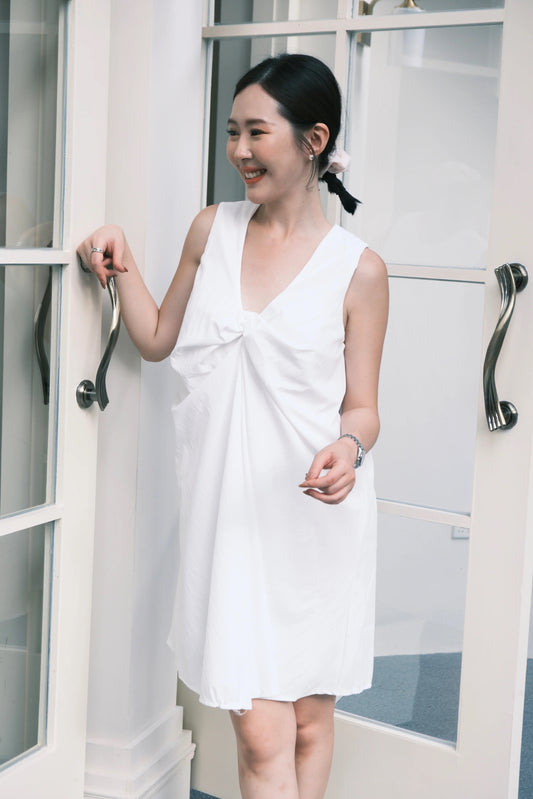 Kira Twist-Drape V-Neck Dress in White