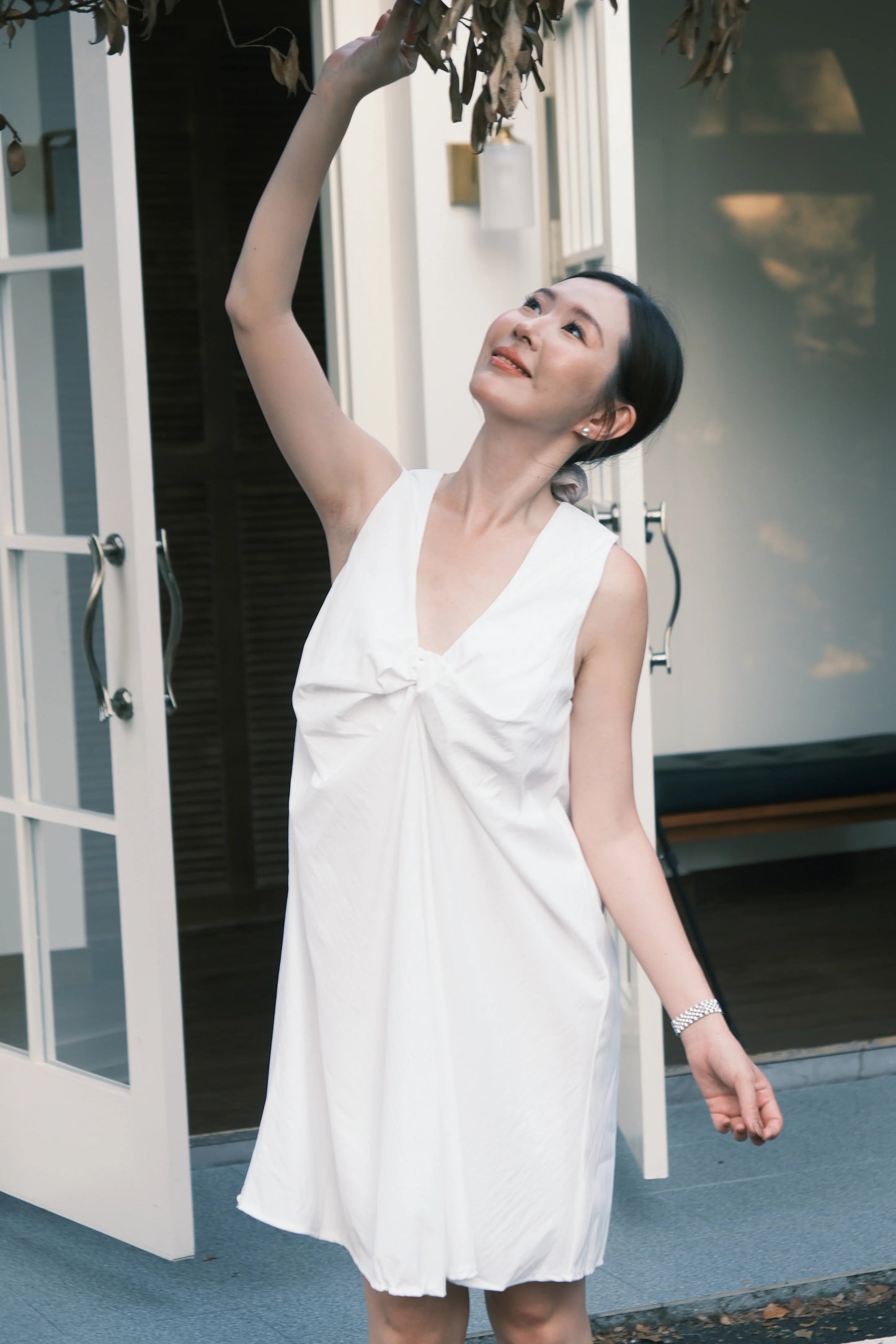 Kira Twist-Drape V-Neck Dress in White