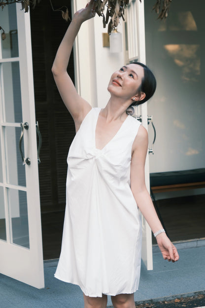 Kira Twist-Drape V-Neck Dress in White