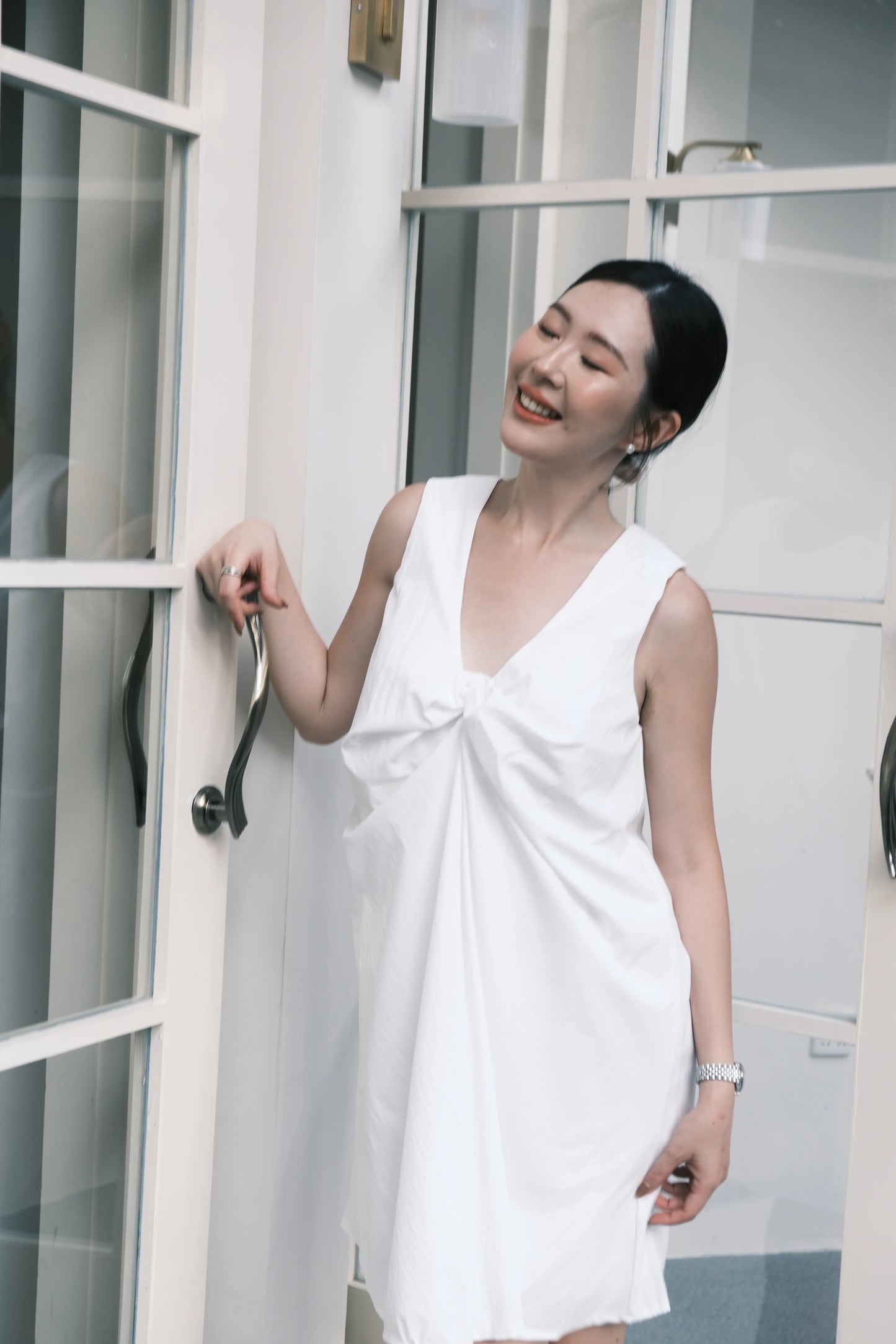 Kira Twist-Drape V-Neck Dress in White