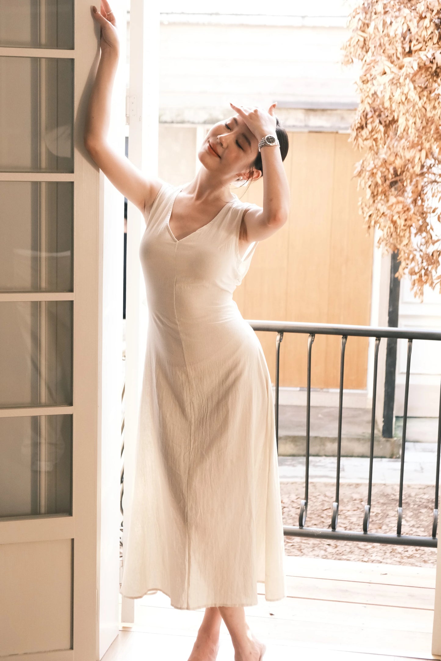 Beige Linen Back-Tie Cut-Out Maxi Dress