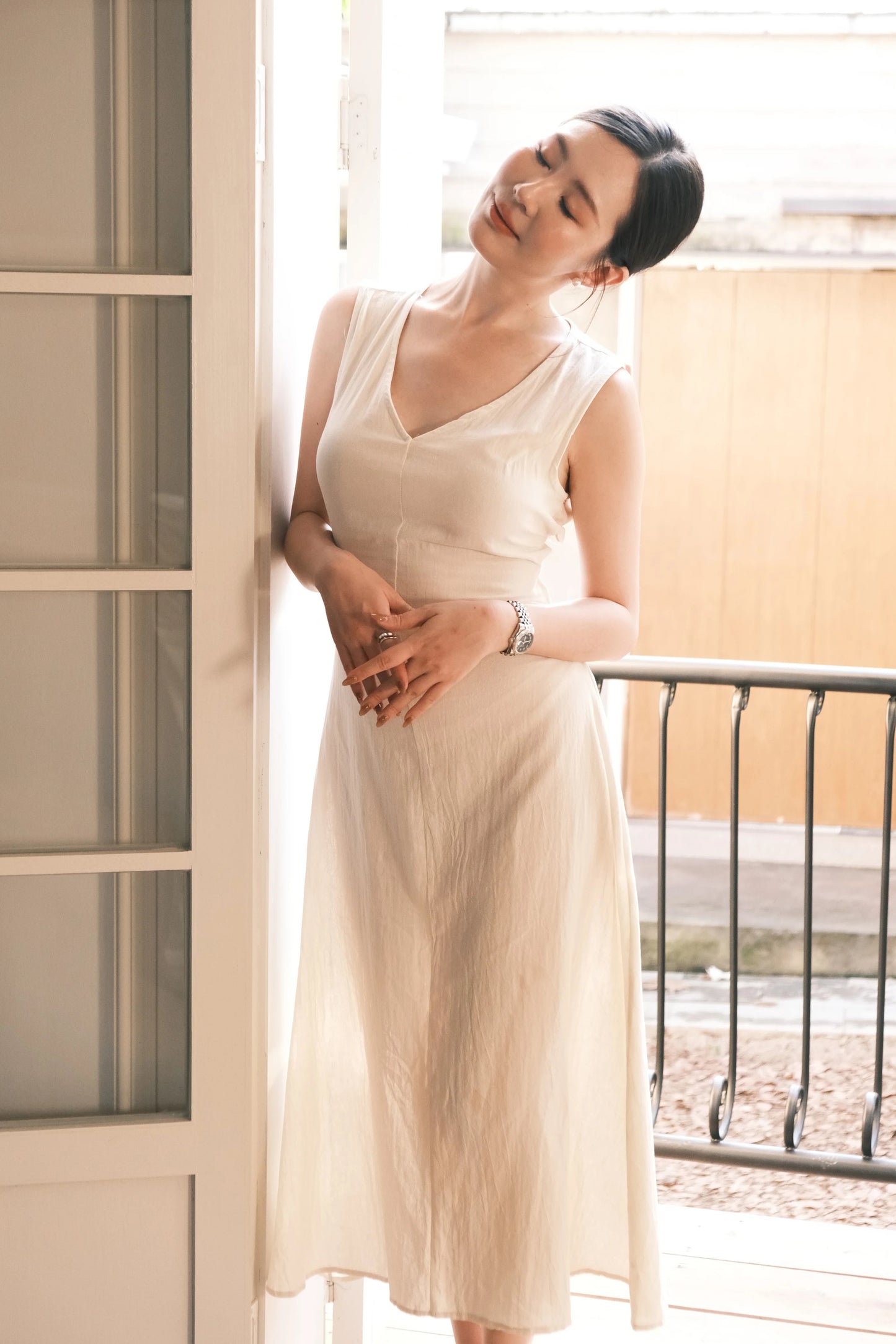 Beige Linen Back-Tie Cut-Out Maxi Dress