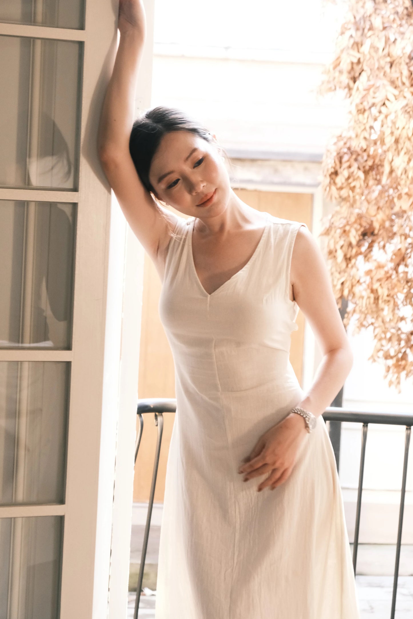 Beige Linen Back-Tie Cut-Out Maxi Dress