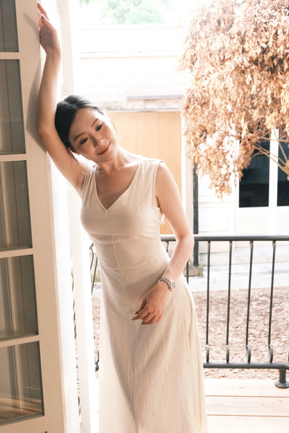 Beige Linen Back-Tie Cut-Out Maxi Dress