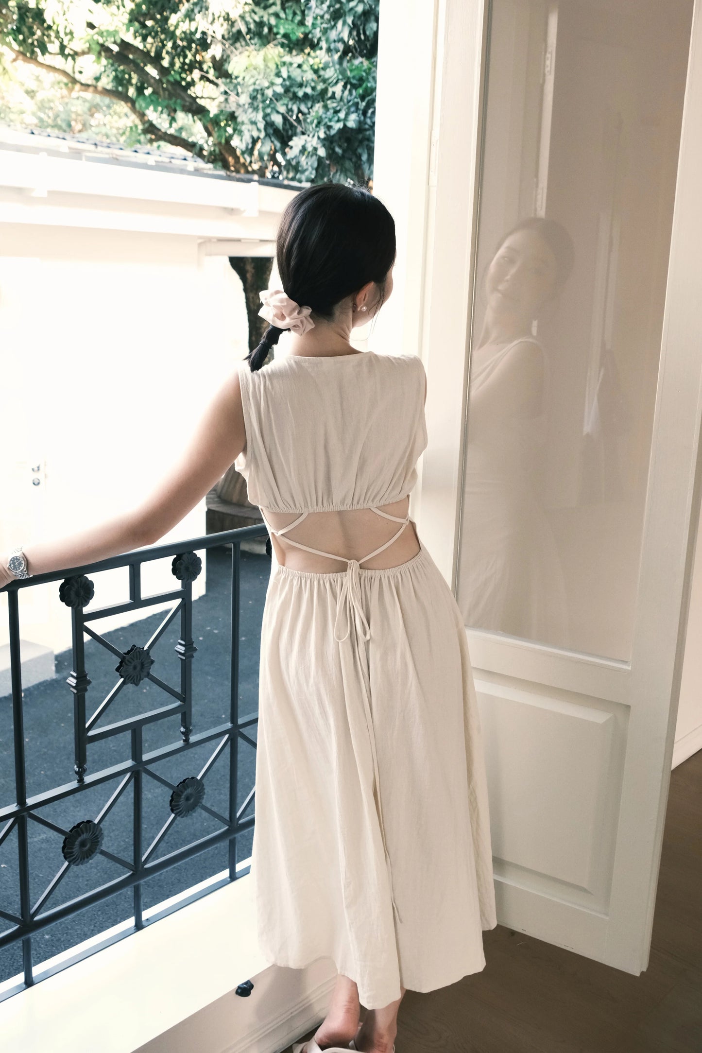 Beige Linen Back-Tie Cut-Out Maxi Dress
