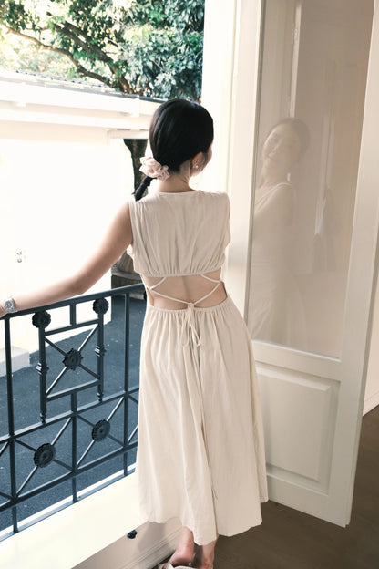 Beige Linen Back-Tie Cut-Out Maxi Dress
