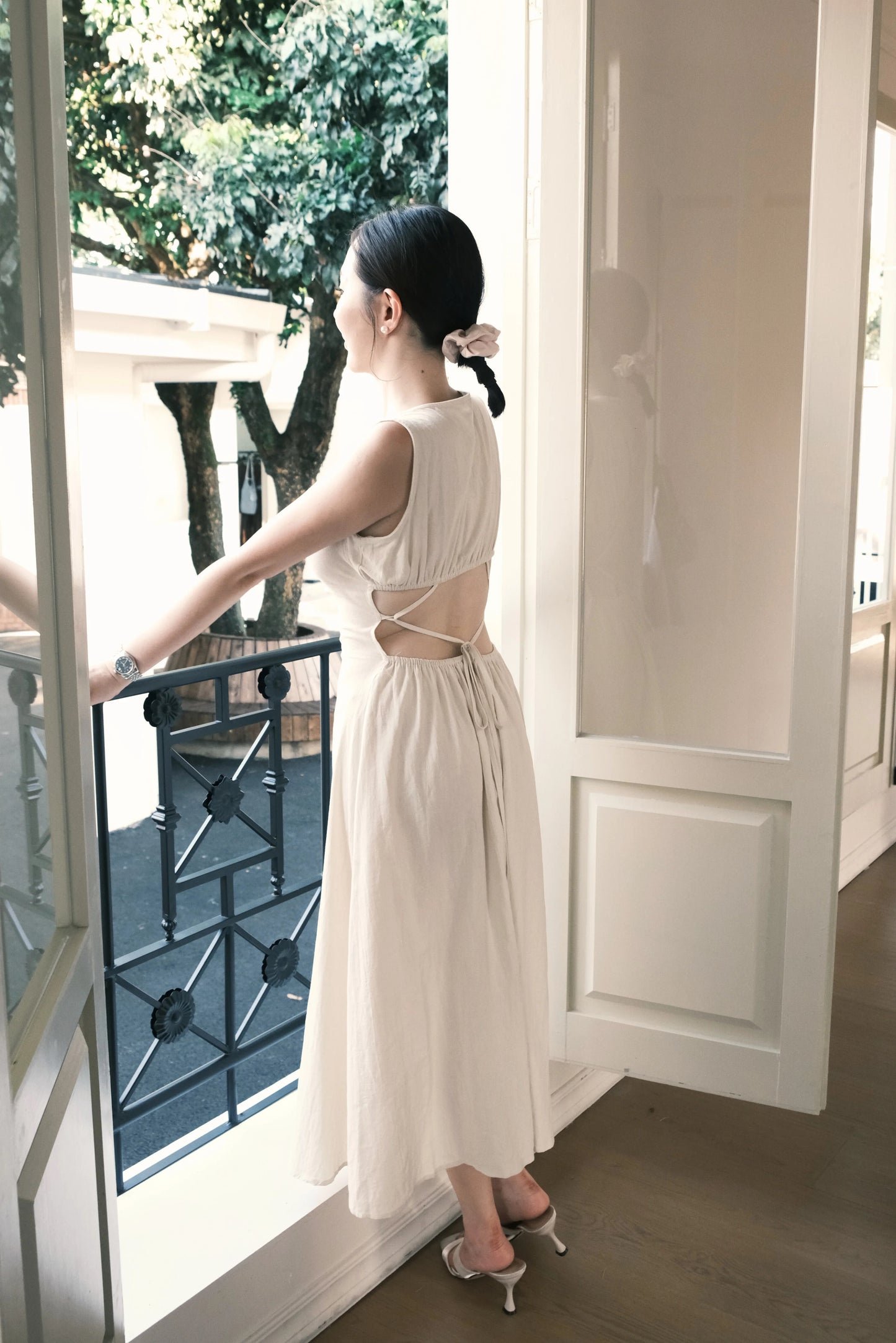Beige Linen Back-Tie Cut-Out Maxi Dress