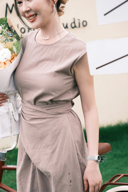 Renée Draped Tie-Waist Maxi Dress in Light Brown