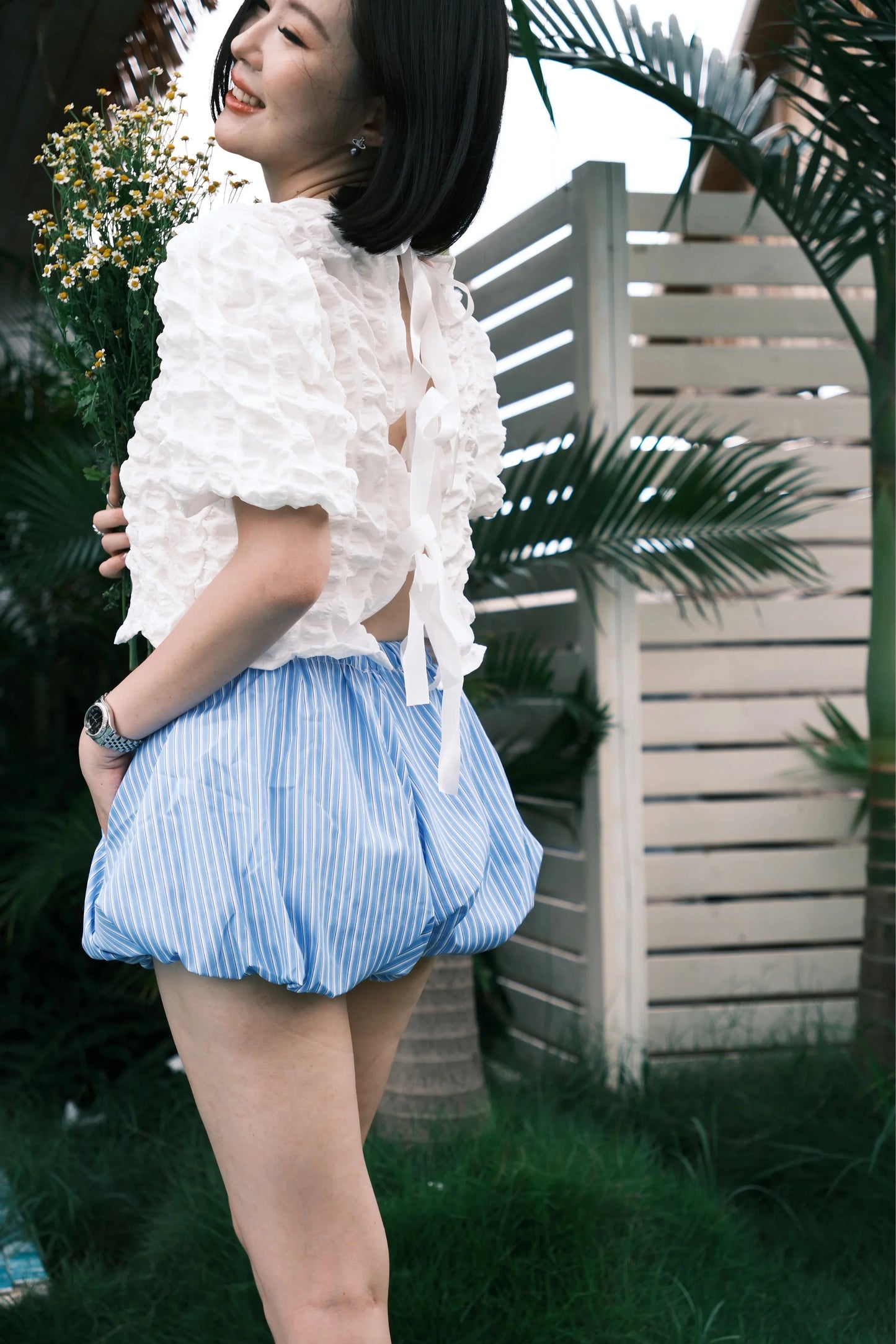 Zélie Striped Balloon Shorts in Blue
