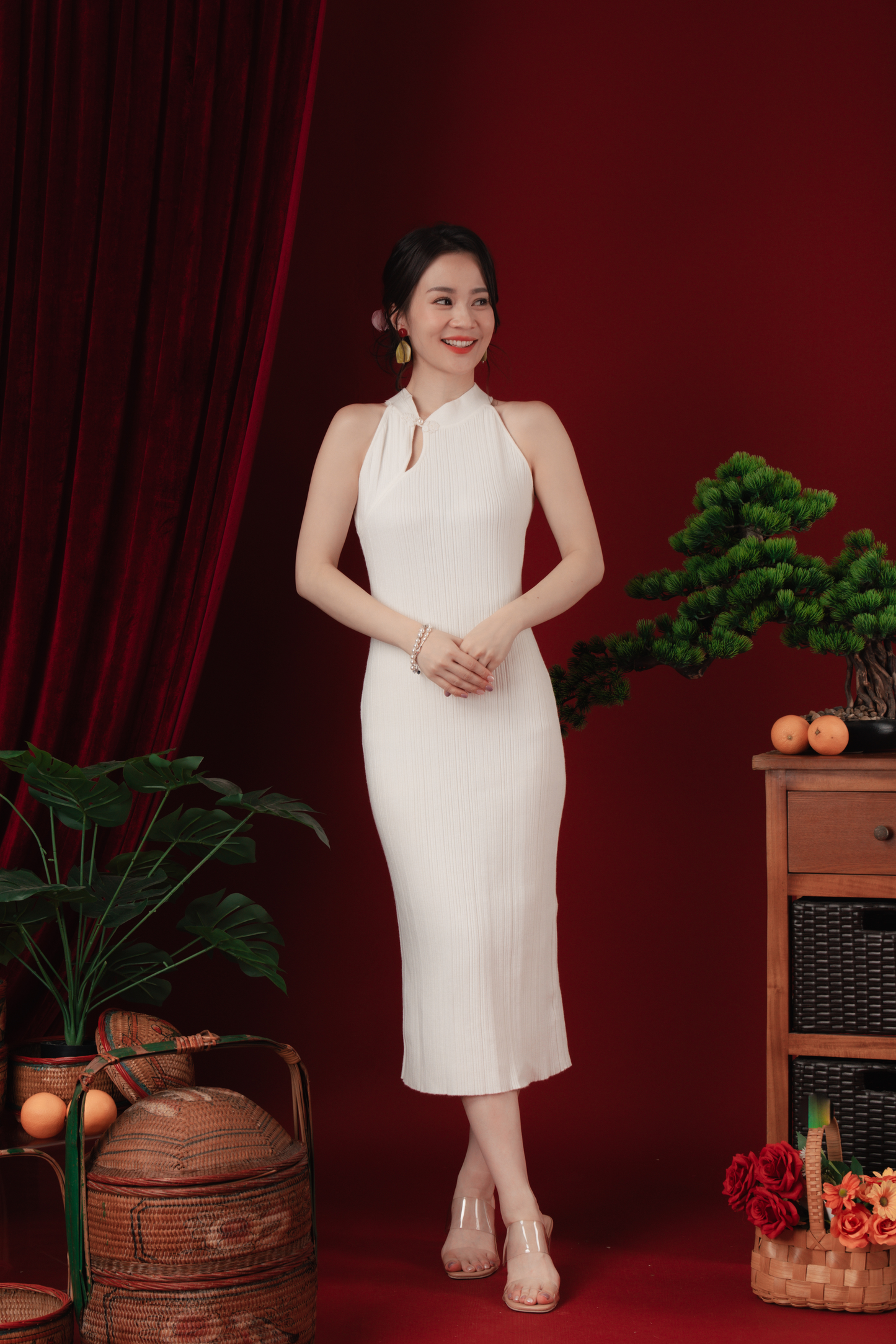 Liora Knit Mandarin Two-Piece Dress in Beige White (In-Stock)