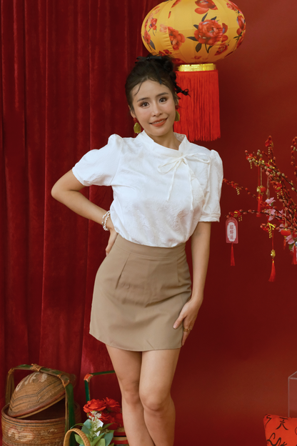 Lunette Jacquard Tie-Neck Blouse & High-Waisted Skirt Set (In-Stock)
