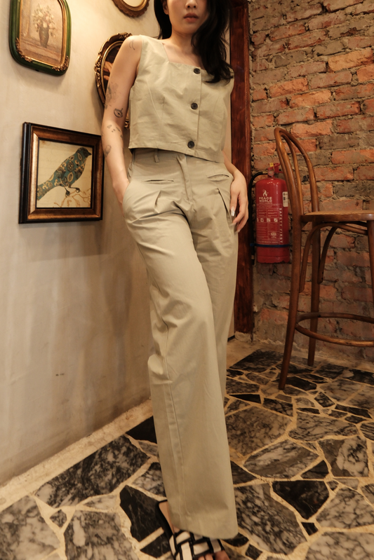 Colette Wide-Leg High-Waisted Trousers in Light Green